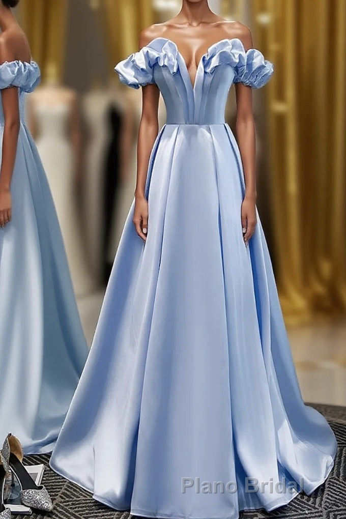 Blue A Line Off Shoulder Long Formal Prom Dresses, Blue Evening Dresses Main image