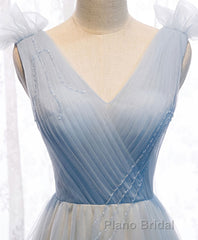Simple Blue V Neck Tulle Long Formal Prom Dresses, Blue Prom Dresses