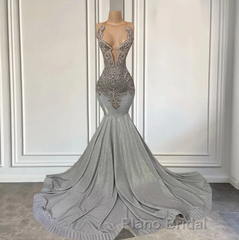 Silver Halter Mermaid Formal Prom Dress with Beadings