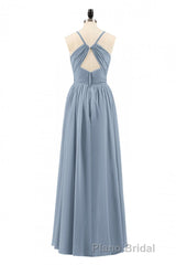 Dusty Blue Chiffon Cutout Back A-Line Long Bridesmaid Dresses