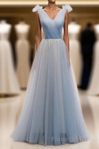 Simple Blue V Neck Tulle Long Formal Prom Dresses, Blue Prom Dresses