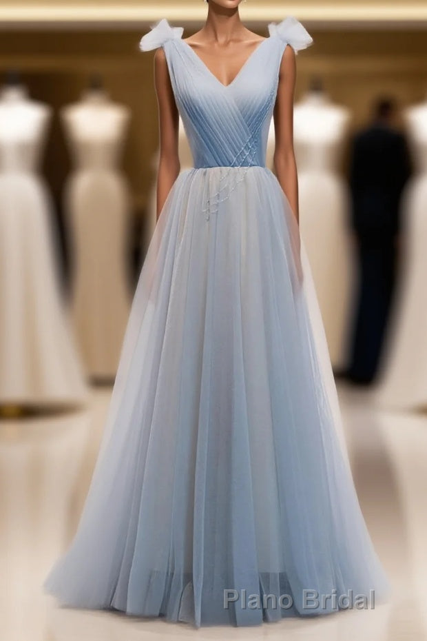 Simple Blue V Neck Tulle Long Formal Prom Dresses, Blue Prom Dresses