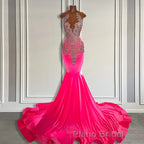 Sleeveless Velvet Mermaid Style Dress with Beadings in Pink Barbie Color