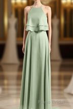 Sage Green Chiffon Halter Ruffle A-Line Long Bridesmaid Dresses