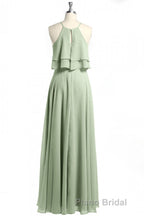 Sage Green Chiffon Halter Ruffle A-Line Long Bridesmaid Dresses