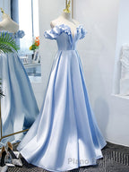Blue A Line Off Shoulder Long Formal Prom Dresses, Blue Evening Dresses