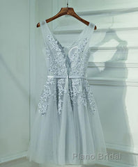 Gray A Line Lace Tulle Short Formal Prom Dresses, Homecoming Dresses