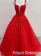 Red Tulle Lace A Line Formal Evening Dresses Appliques Long Formal Prom Dresses
