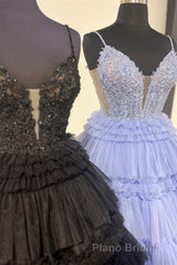 Lilac Floral Layers Spaghetti Straps Lonh Formal Prom Dresses