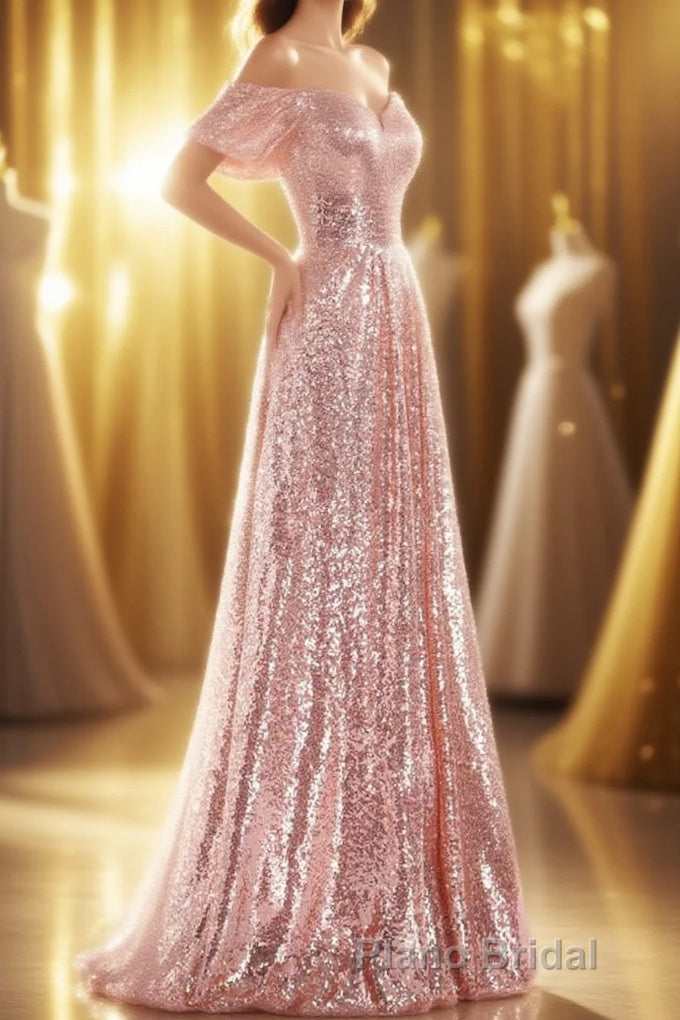 Rose Gold Sequin Off-the-Shoulder A-Line Long Bridesmaid Dresses