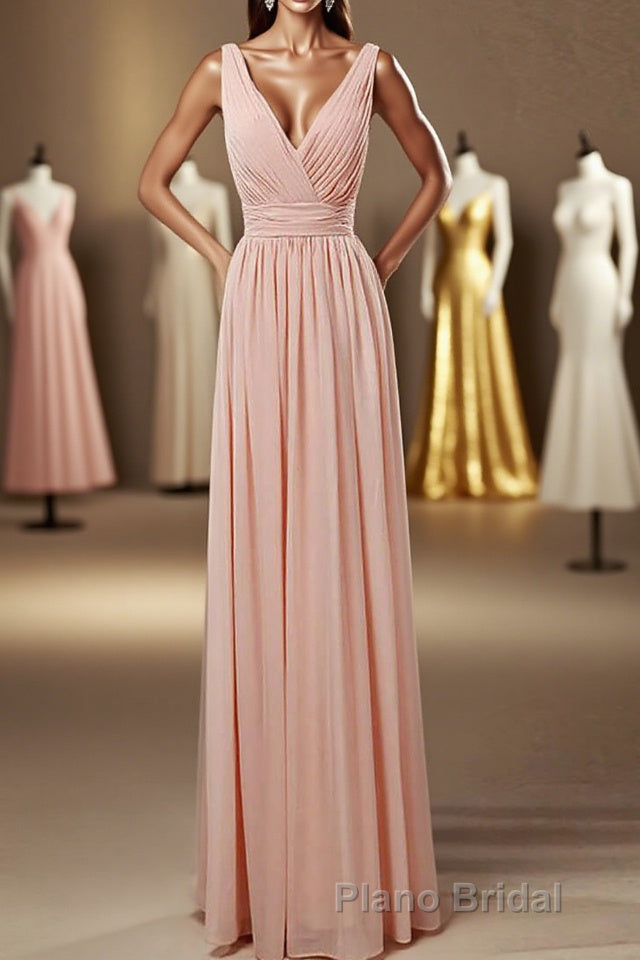 Elegant Plush Pink V-Neck Open Back A-Line Long Bridesmaid Dresses