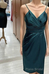 Hunter Green Satin Spaghetti Straps Short Bridesmaid Dresses