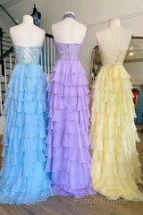 Lavender Illusion Halter Flower Appliques Multi-Layers Long Formal Prom Dresses