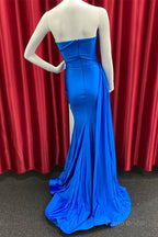 Royal Blue Cowl Strapless Mermaid Satin Long Prom Dress with Slit