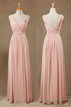 Elegant Plush Pink V-Neck Open Back A-Line Long Bridesmaid Dresses