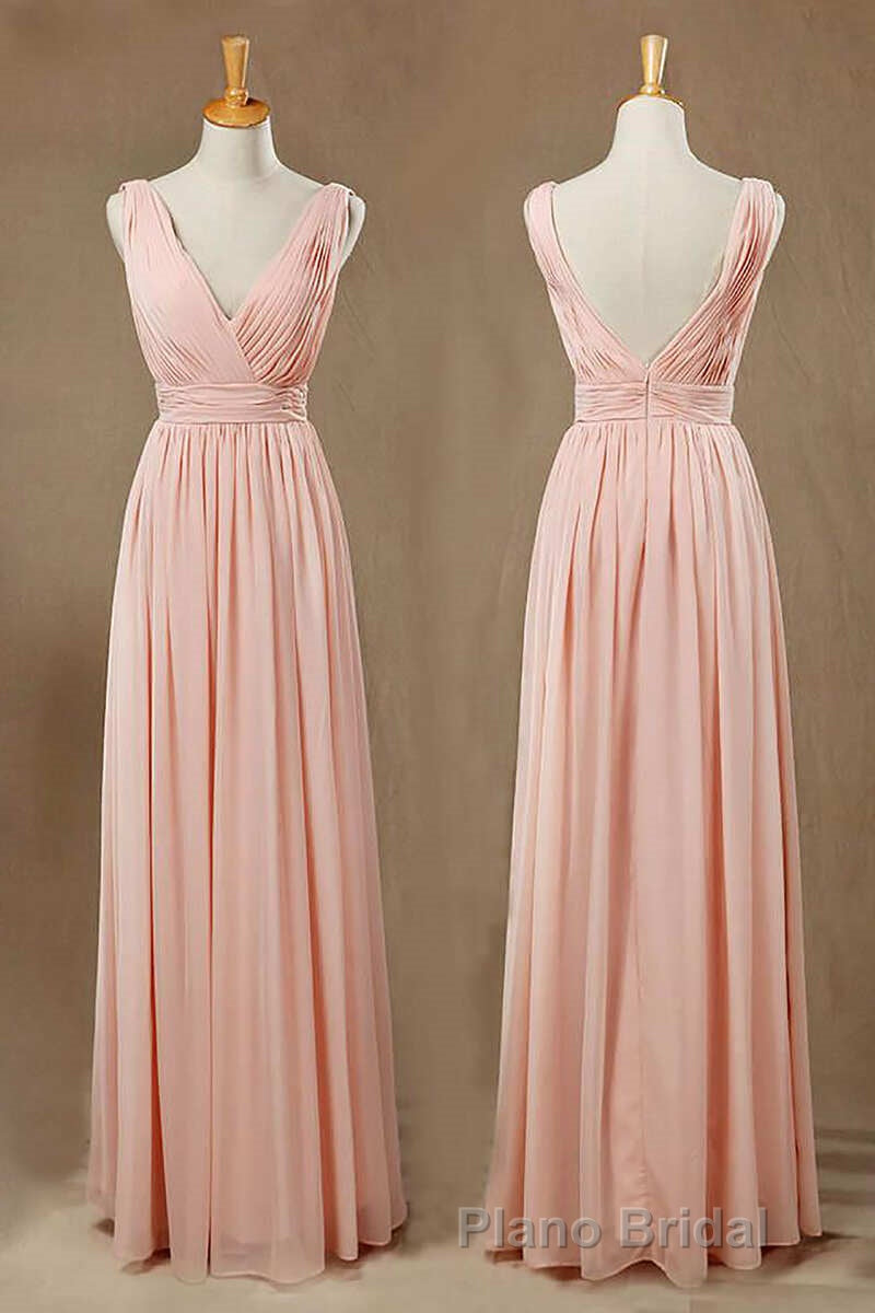 Elegant Plush Pink V-Neck Open Back A-Line Long Bridesmaid Dresses