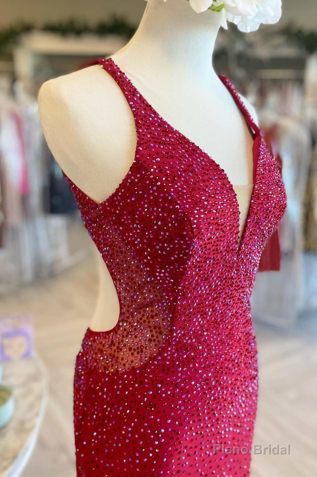 Red Beaded Plunge V Mermaid Long Formal Dress Secondary image