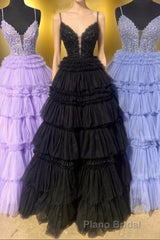 Lilac Floral Layers Spaghetti Straps Lonh Formal Prom Dresses