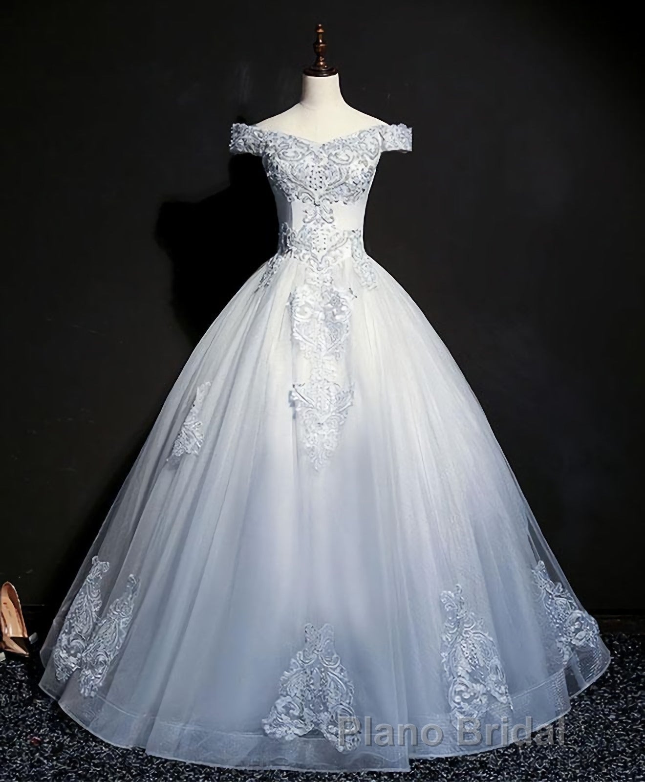 Blue Tulle Lace Off Shoulder Long Formal Prom Dresses, Blue Tulle Lace Evening Dresses