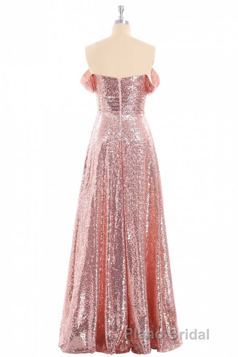 Rose Gold Sequin Off-the-Shoulder A-Line Long Bridesmaid Dresses Secondary image
