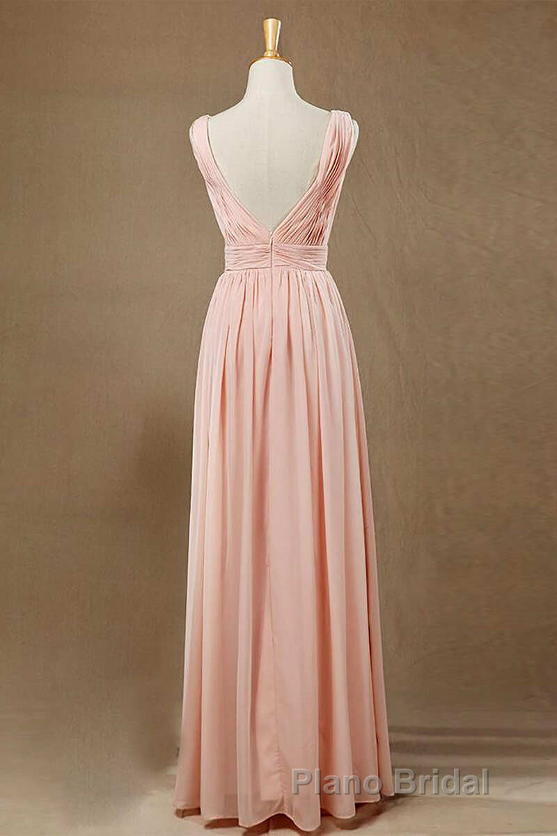 Elegant Plush Pink V-Neck Open Back A-Line Long Bridesmaid Dresses