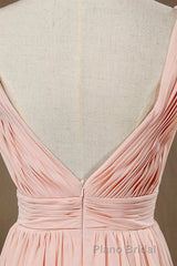 Elegant Plush Pink V-Neck Open Back A-Line Long Bridesmaid Dresses
