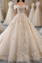 Champagne Off Shoulder Tulle Lace Long Wedding Dresses, Wedding Gown