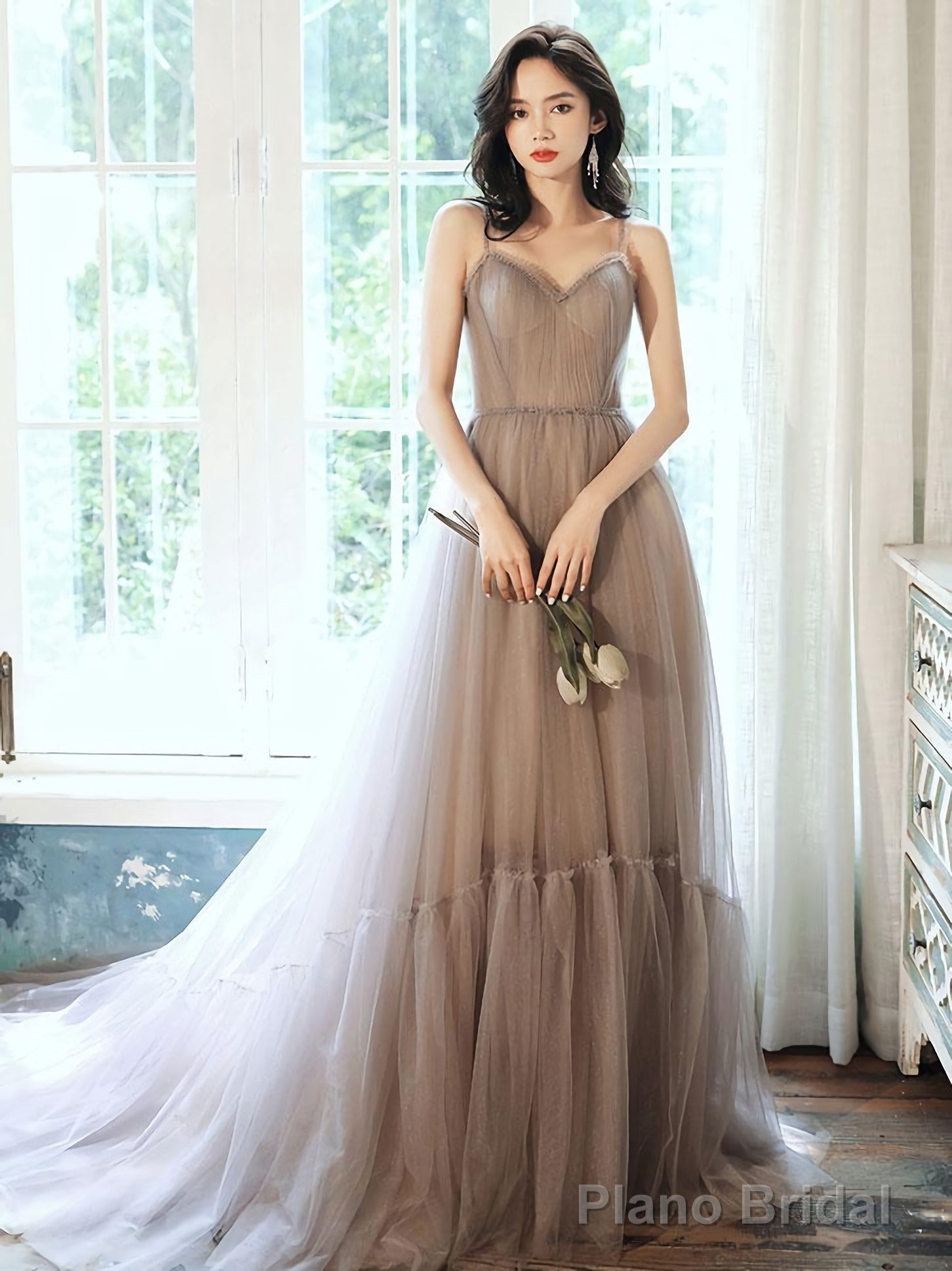 Simple Gray V Neck Tulle Long Prom Dress Gray Formal Dress Main image