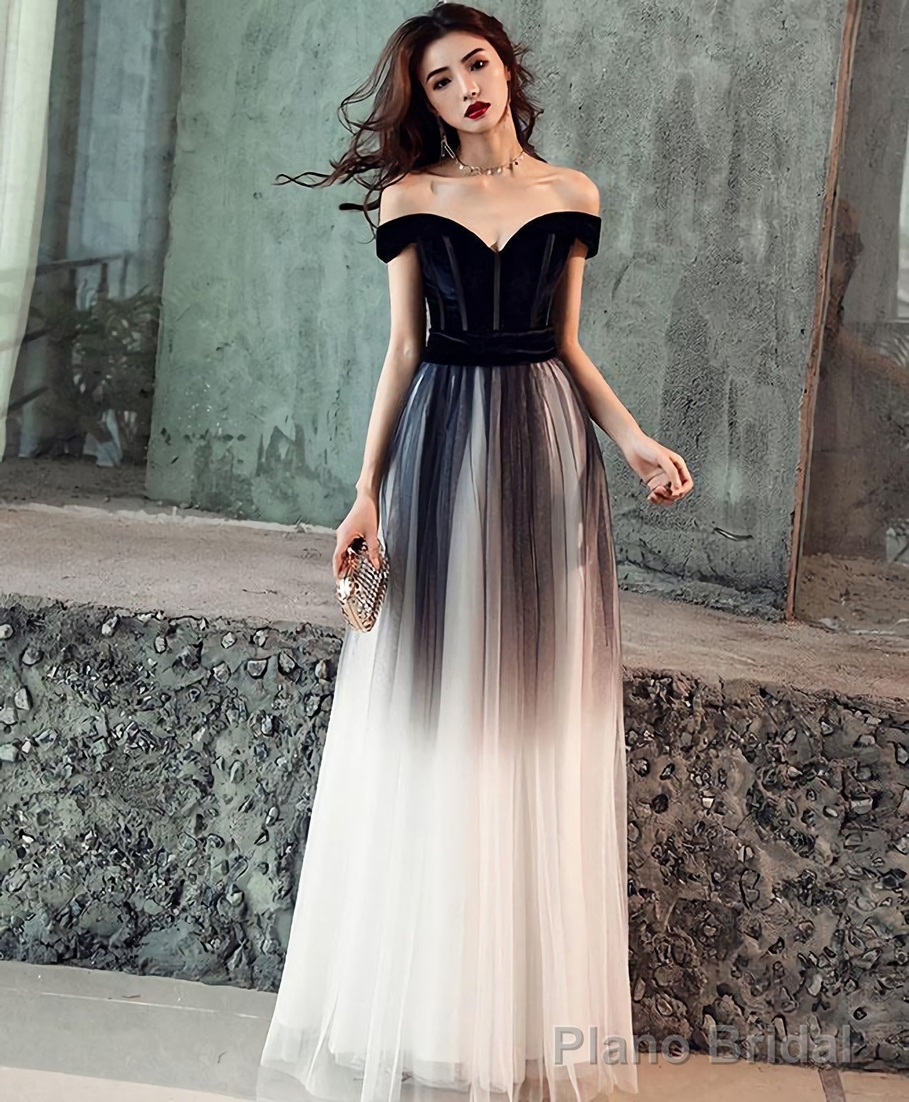 Simple Tulle Off Shoulder Black Long Prom Dress Black Tulle Evening Dress