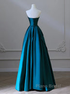 Simple Blue Satin Strapless Formal Prom Dresses