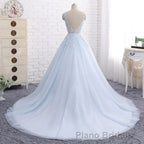 Ball Gown Chapel Train V Neck Sleeveless Backless Appliques Formal Prom Dresses
