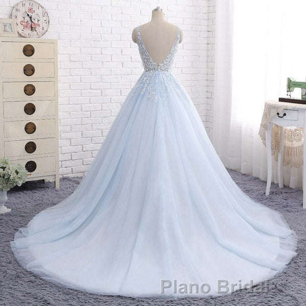 Ball Gown Chapel Train V Neck Sleeveless Backless Appliques Formal Prom Dresses