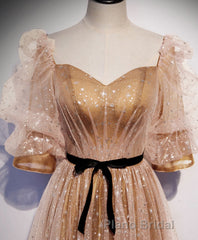 Champagne Sweetheart Tulle Long Formal Prom Dresses, Tulle Prom Dresses