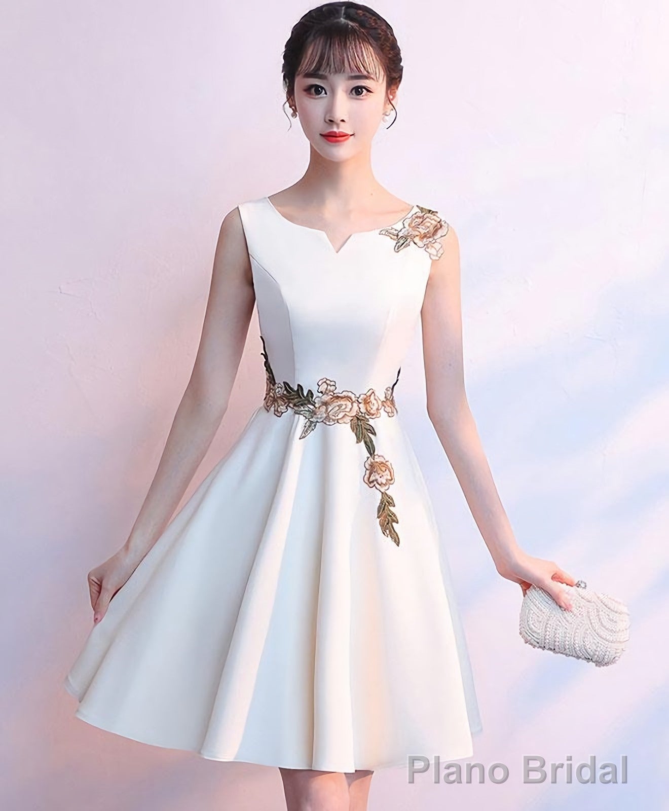 Simple White Satin Applique Short Prom Dress Cute Homecoming Dress