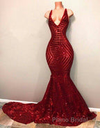 Red Sequins Shiny V-Neck Mermaid Long Formal Prom Dresses