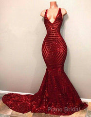 Red Sequins Shiny V-Neck Mermaid Long Formal Prom Dresses