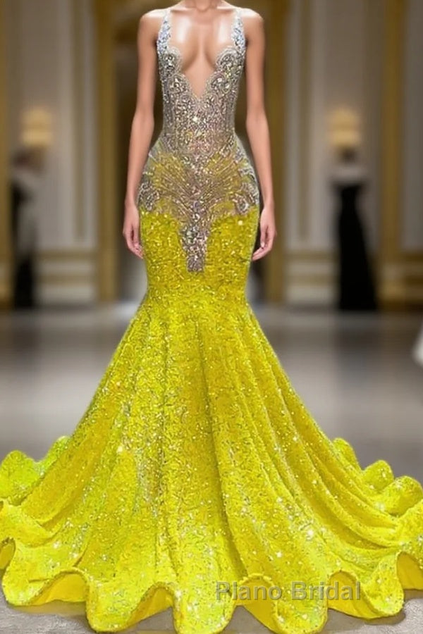 Yellow V-Neck Sleeveless Mermaid Formal Prom Dresses Featuring Beadings and Sequins Main image
