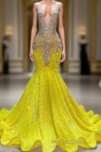 Yellow V-Neck Sleeveless Mermaid Formal Prom Dresses Featuring Beadings and Sequins