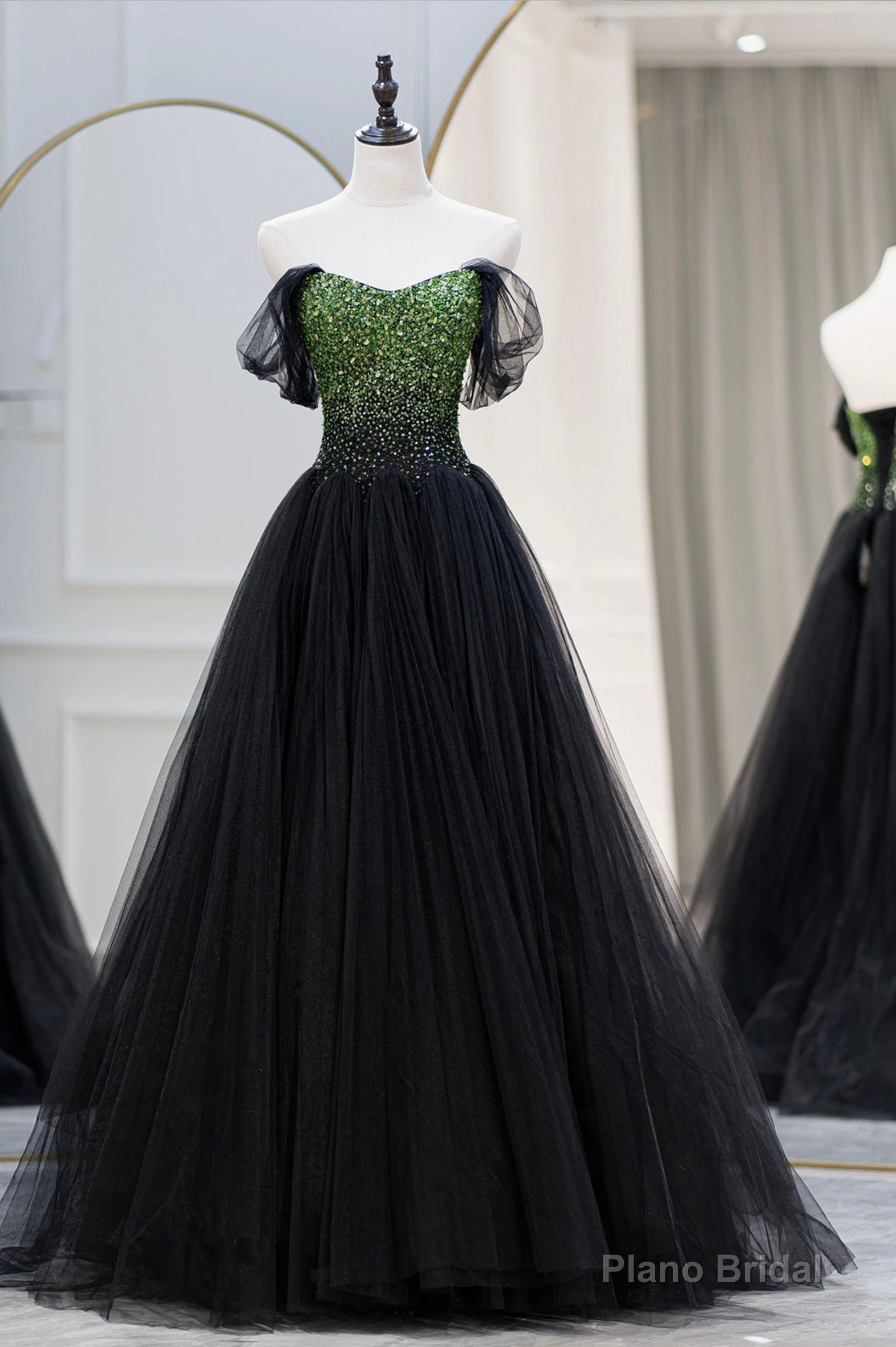 Black Tulle Long A-Line Prom Dress, Black Evening Dress with Green Beaded Main image