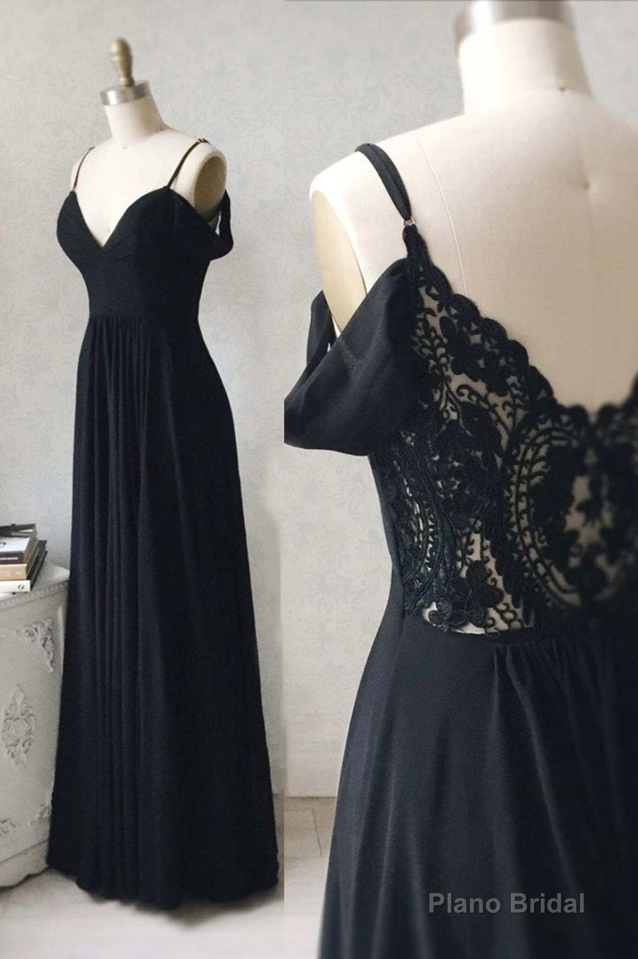 Black Chiffon Lace Long Prom Dresses, A-Line Evening Dresses Main image