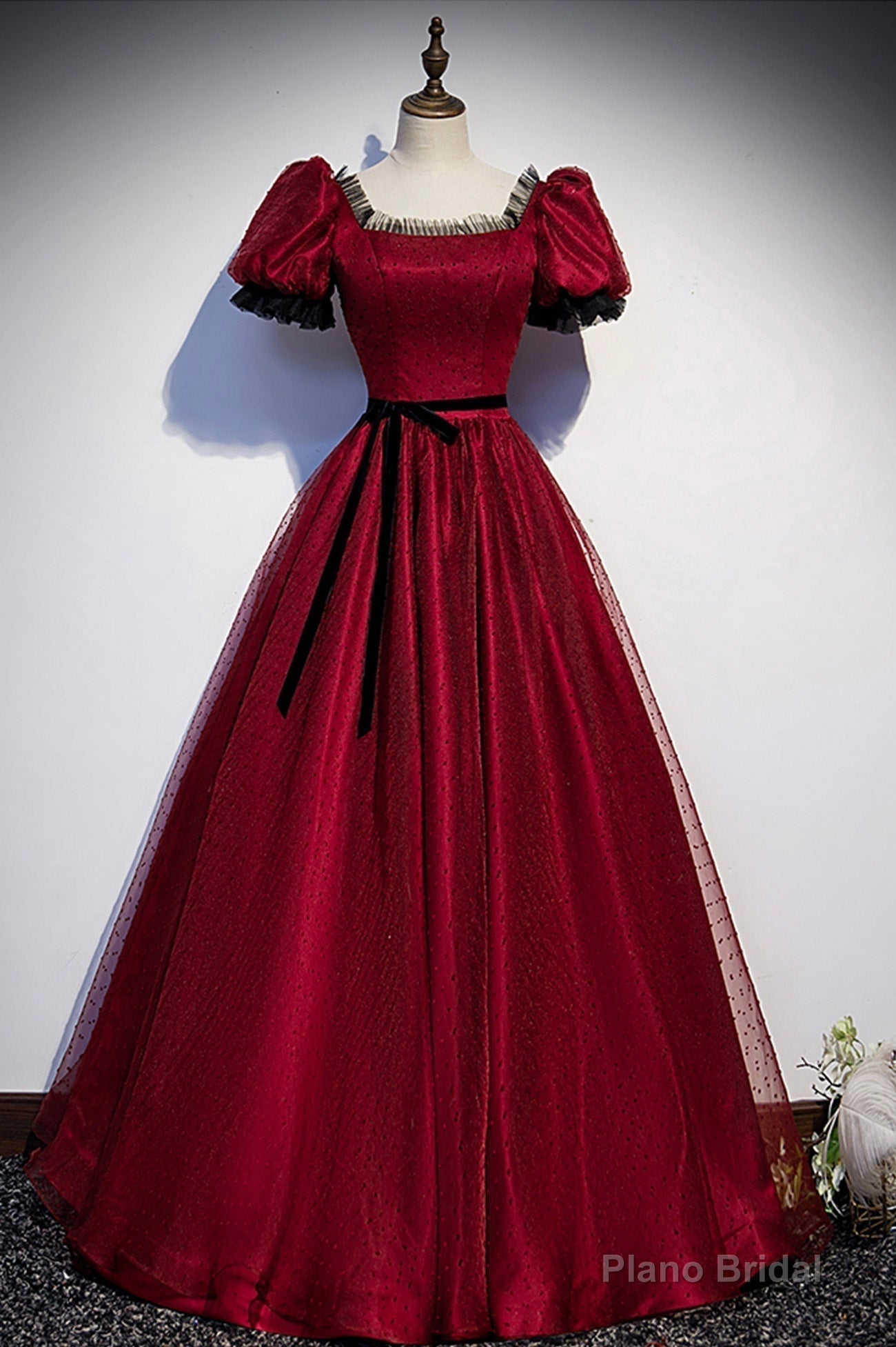 Burgundy Tulle Long Prom Dresses, A-Line Backless Evening Dresses