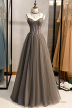 Gray Tulle Spaghetti Strap Long Prom Dresses, A-Line Evening Dresses