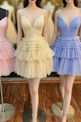 Cute Tulle V-Neck Short Formal Prom Dresses, A-Line Homecoming Party Dresses