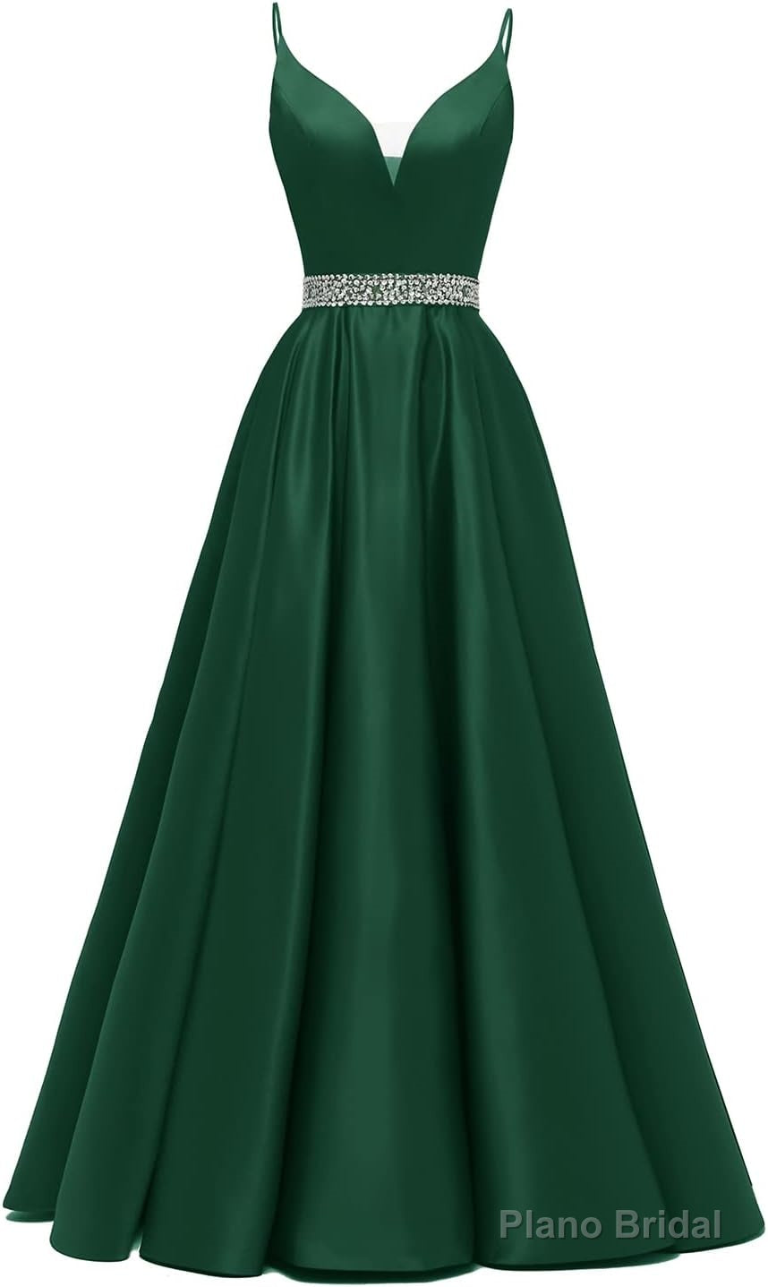 Spaghetti Straps Prom Dresses Long Satin Beaded V-Neck Formal Evening Party Ball Gowns with Pockets