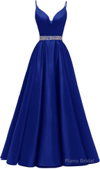 Spaghetti Straps Prom Dresses Long Satin Beaded V-Neck Formal Evening Party Ball Gowns with Pockets