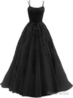 Womens Lace Appliques Prom Dresses Long Spaghetti Strap Ball Gowns Tulle Formal Dresses for Party