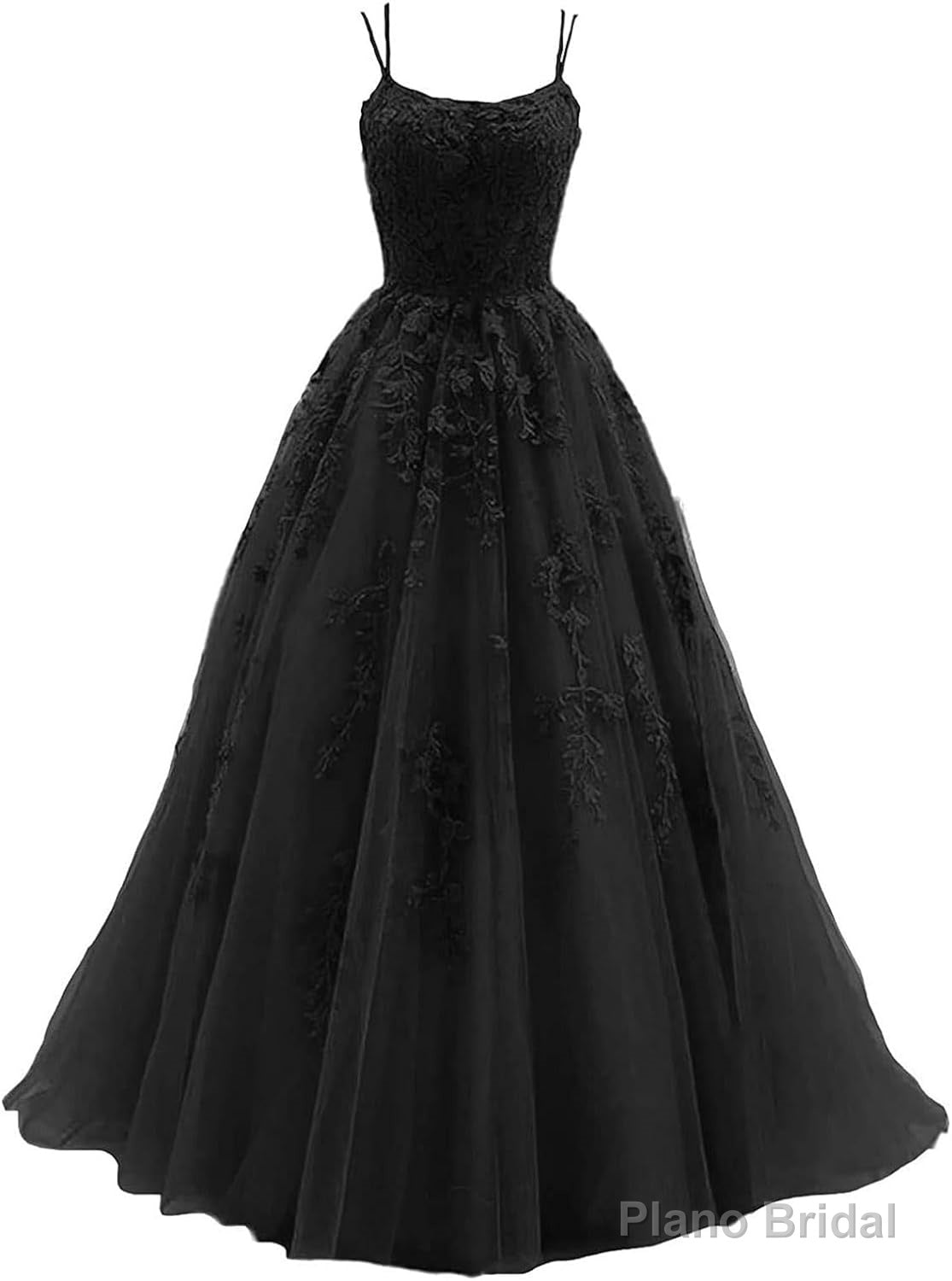 Womens Lace Appliques Prom Dresses Long Spaghetti Strap Ball Gowns Tulle Formal Dresses for Party