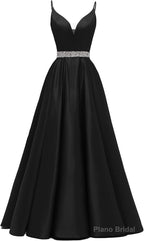 Spaghetti Straps Prom Dresses Long Satin Beaded V-Neck Formal Evening Party Ball Gowns with Pockets