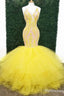 yellow sexy prom dresses with deep v neck lace appliques mermaid evening gowns