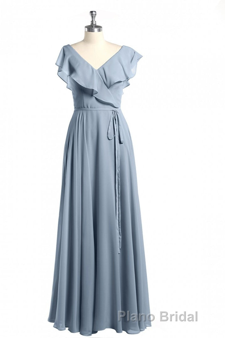 Dusty Blue V-Neck Backless Ruffled A-Line Long Bridesmaid Dresses